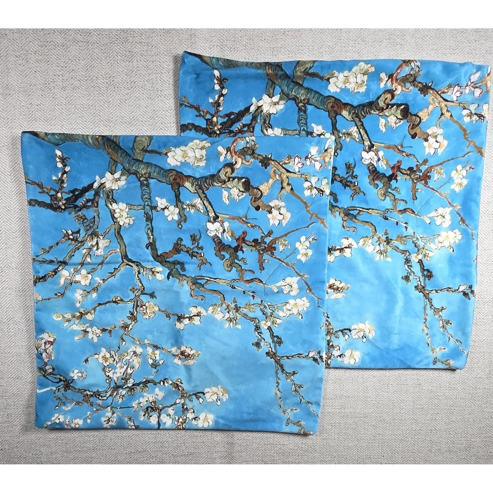 Set of 2 Van Gogh "Almond Blossoms" 17" Pillow Covers - Blue Floral Art Decor